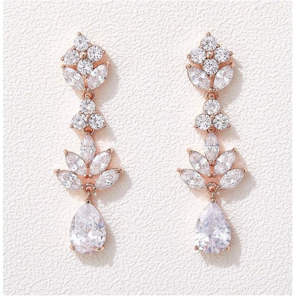 Women's Rose Gold Crystal Cubic Zirconia Bridal Drop Teardrop Wedding Earrings - Picture 1 of 7